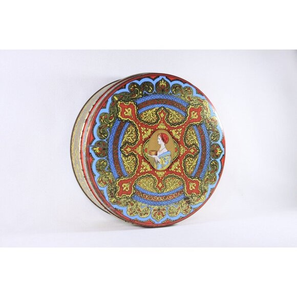 Vintage lithographed fruit cake tin, Baroque medallion decorative storage tin - Picture 3 of 10